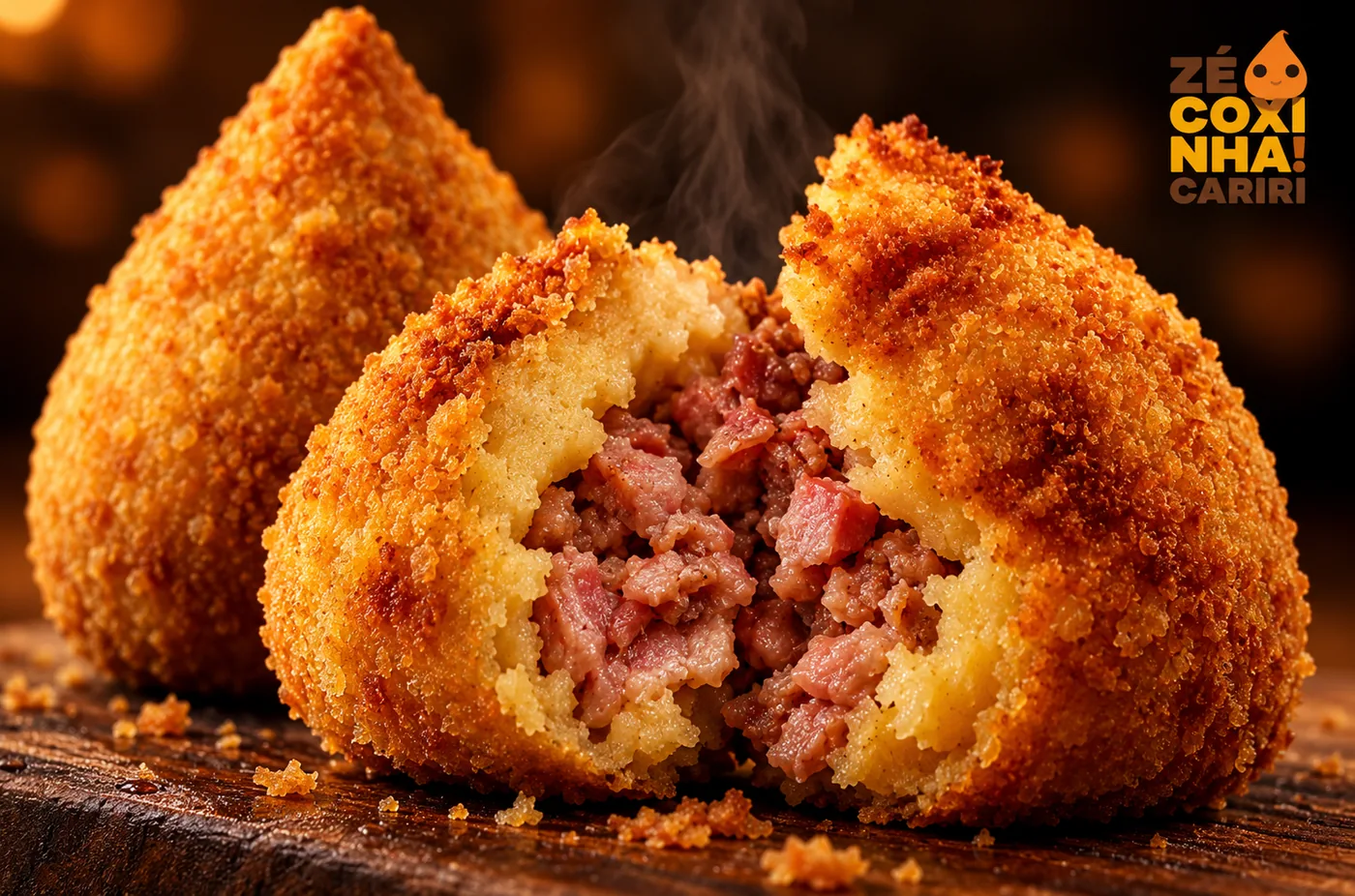 Coxinha do Zé Coxinha Cariri partida ao meio, mostrando a massa de batata dourada e o recheio de carne