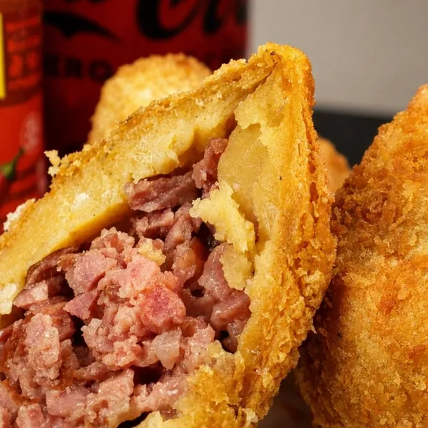 Coxinha aberta mostrando o recheio